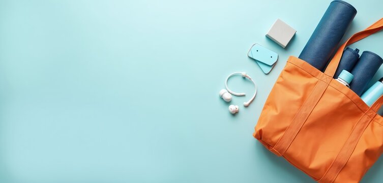 Blue yoga mat rolled inside orange tote bag with water bottle, headphones, and fitness block. Workout gear ready for gym, home, or outdoor activity. Active lifestyle kit awaits.