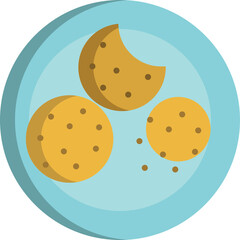 Three Round Brown Cookies With Dark Spots Served On A Blue Plate With One Cookie Partially Eaten Isolated On A Transparent Background