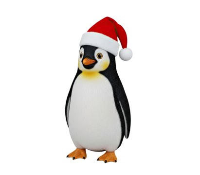 A cute penguin in a Santa hat standing on a png transparent.