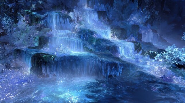 A waterfall with blue water and trees