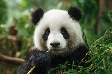 Panda g&eacute;ant assis mangeant m&eacute;ticuleusement du bambou