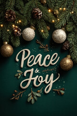 Christmas Peace & Joy green design with baubles and fir textures