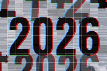 Glitchy 2026 digits in distorted grid, retro futuristic poster style with chromatic aberration, scanline noise, pixel artifacts