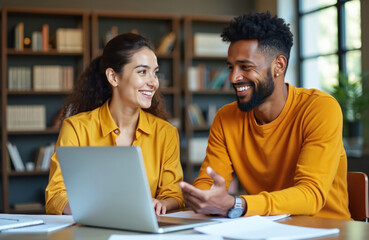 Two diverse colleagues work on laptop at office. Smiling man and woman chat discussing a project. They work in team at desk near bookshelves. Business partners talk about new ideas at workplace.