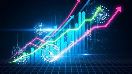 Digital visualization of business growth and financial market trends, showing upward movement and futuristic data analysis for economic success - Powered by Adobe