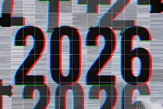 Glitchy 2026 digits in distorted grid, retro futuristic poster style with chromatic aberration, scanline noise, pixel artifacts