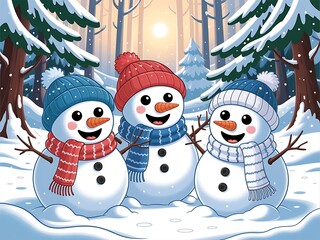 Cheerful cartoon snowmen in a snowy winter forest scene with a sunny sky