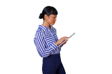 Female doctor using smartphone for telehealth consultation, delivering remote medical care, transparent background