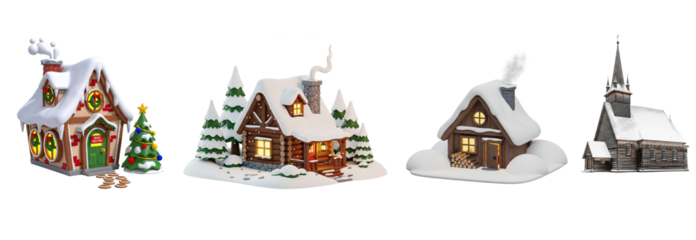 A collection of Christmas village with houses, trees, and a church, all covered in snow.
