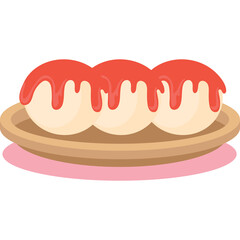 Three Vanilla Ice Cream Scoops Topped With Strawberry Sauce Served On A Wooden Plate With Pink Shadow