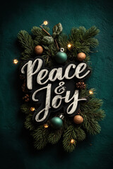 Christmas Peace & Joy design with fir branches and glowing baubles