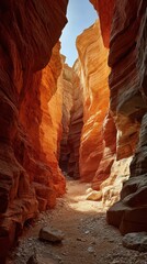 A winding passage through a sandstone canyon, carved by nature over millennia, light filters through the canyon?s opening creating shadows.