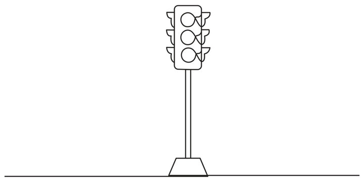 Light traffic continuous one line drawing. Light traffic line art. Hand drawn vector art, Continuous one line drawing of traffic lights with poles to regulate vehicle travel at road intersections.