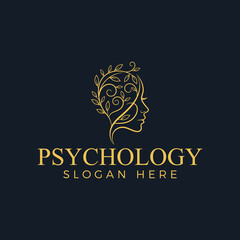 Psychology logo with a womans profile and floral brain, representing mental wellness and natural healing, suitable for therapists