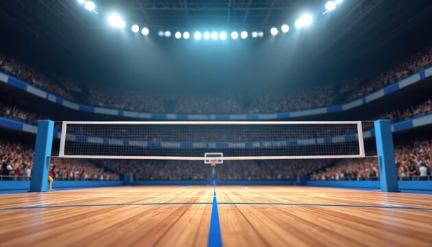 Interior of pro sport arena with volleyball court and packed stands. Close up view of net and wooden floor ready for game. Bright floodlights illuminate the competition.