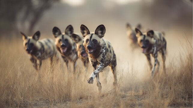 Meute de lycaons en chasse courant dans la savane
