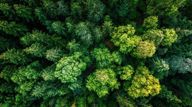 Aerial view of lush forest canopy from above, vibrant green treetops with layered depth and atmospheric haze