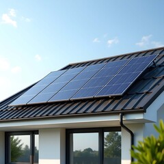 Fototapeta premium Modern Rooftop Solar Panel Installation – Clean Energy Home System