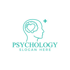 Psychology logo isolated on white background featuring a human head outline with a heart and plus sign, symbolizing mental health and wellbeing