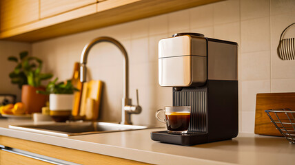 Modern coffee machine brewing espresso in bright kitchen interior