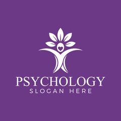 Elegant psychology logo design featuring a stylized human figure with leaves and a heart, conveying mental health and wellbeing on purple background