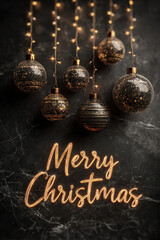 Merry Christmas black marble template with glowing garlands and ornaments