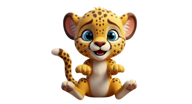 Adorable cheetah cub with captivating blue eyes, perfect for children's illustrations or educational content about wildlife and conservation efforts