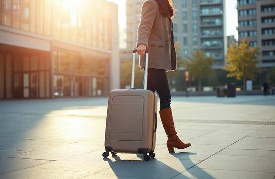 Female walks with travel bag on city street. Traveler pulls suitcase rolling on pathway. Woman goes on journey. Passenger on business trip with luggage passes buildings.
