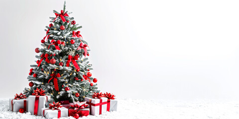 Decorated christmas tree with presents and snow, festive holiday background