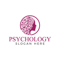 Sophisticated psychology logo featuring a womans profile within a circular frame, adorned with stylized leaves in a calming purple hue