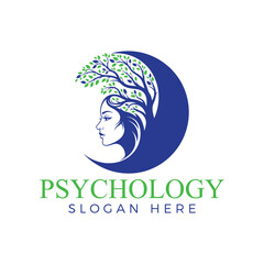 Tranquil psychology logo featuring a womans profile with tree branches and leaves against a crescent moon backdrop