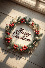 Merry Christmas message with wreath on rustic light wood