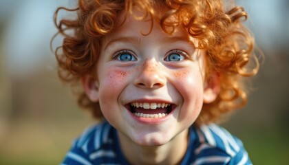Close up of happy redhead boy with blue eyes and freckles smiling broadly outdoors. Young child with curly hair laughs with pure joy and excitement, enjoying sunny day in nature with playful look.