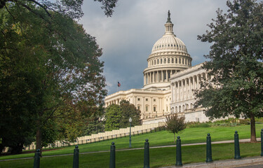 World famous United States Capitol Building under a grey sky.