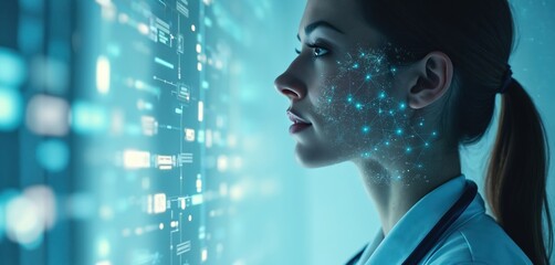 Female doctor analyzes futuristic interface. Digital network overlays face showing data points and connections. AI in medicine, electronic health records, and patient care.