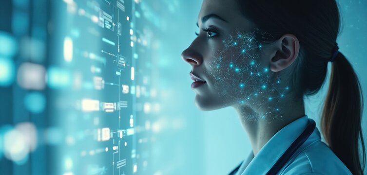 Female doctor analyzes futuristic interface. Digital network overlays face showing data points and connections. AI in medicine, electronic health records, and patient care.