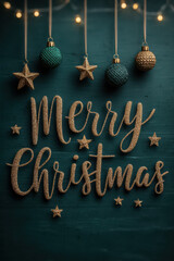 Merry Christmas typography with baubles on dark forest green