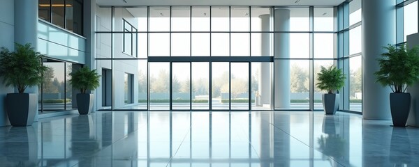 Modern office building lobby with large glass windows and automatic sliding doors. Polished floors reflect natural light and potted plants add green accents to minimalist interior design.