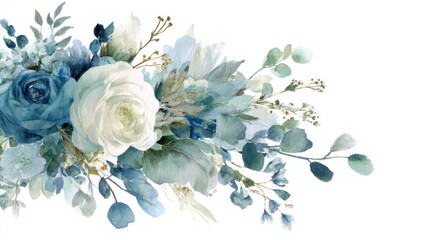 Watercolor floral arrangement with blue white and green elements against white background