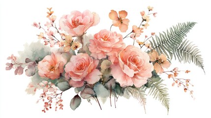 Watercolor floral arrangement of pink roses and greenery on white background