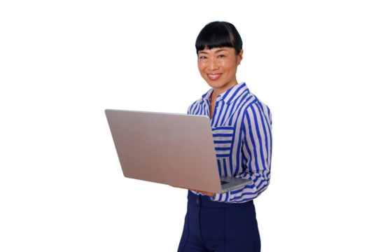 Female doctor wearing lab coat and stethoscope, holding tablet, smiling, transparent background