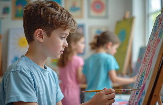 Young boy concentrates on painting with a brush during art class. Children create artwork on canvas in studio. Creative school lesson includes drawing and painting activities.