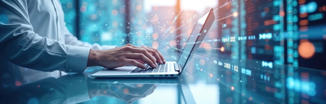 Man works on laptop displaying complex data streams, city skyline background. He analyzes digital information while coding software. This image represents modern tech innovation, global connectivity. - Powered by Adobe