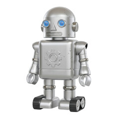 Vintage Style Silver Robot Toy With Blue Eyes And Black Treads Standing Isolated On A Plain Black Background With Subtle Industrial Detailing