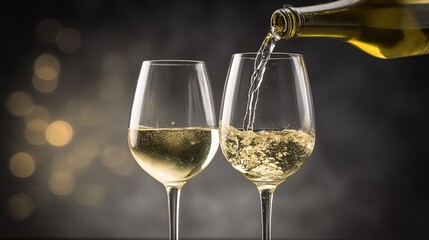 Dynamic pour of white wine from bottle into two glasses, graceful arcs and droplets, dramatic side lighting