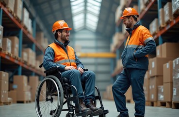 Two men in a warehouse discuss work. One uses wheelchair another stands. Both wear safety helmets and vests. They are engaged in workplace conversation. Warehouse background with boxes.