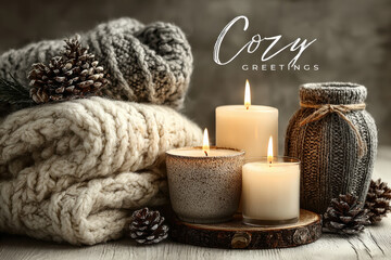 Christmas Greetings cozy scene with wool textures and pine candles