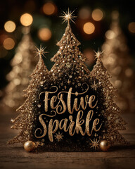 Christmas champagne-gold template with glitter trees and star bursts