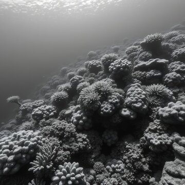 Bleached coral reef underwater scene, symbolizing marine life loss due to climate change