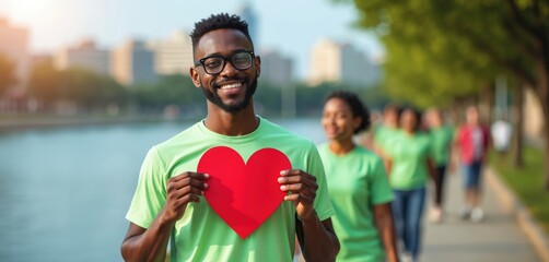 Smiling man holds red heart. Group of diverse volunteers in green shirts walk behind. People show care and support, promoting community spirit and altruism.